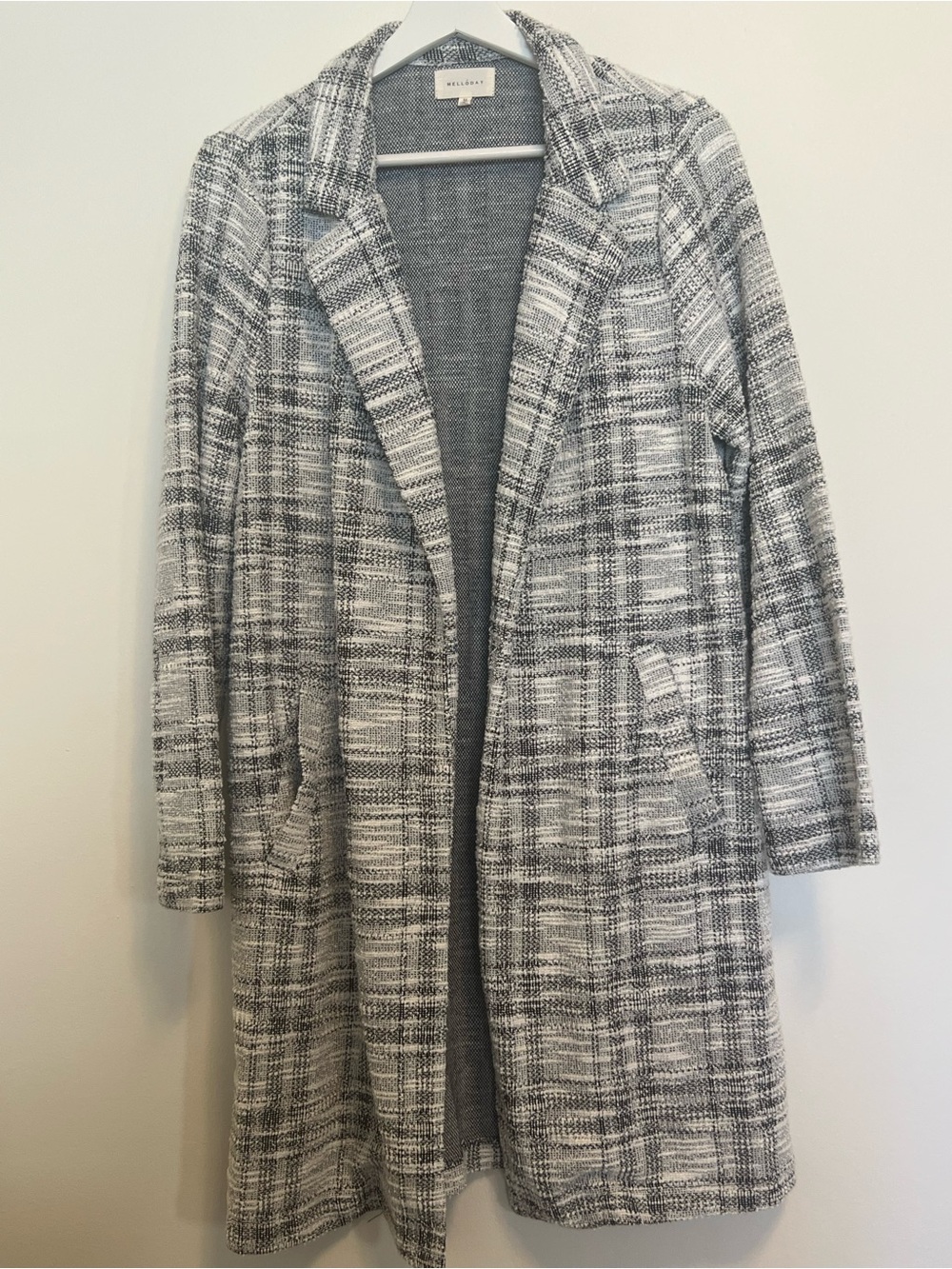 Melloday Gray White Plaid Open-Front Blazer Longline Jacket | Workwear